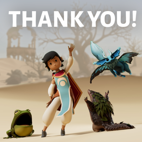 Wildmender characters waving at the camera to say thank you. There is text as well saying Thank you in capital letters.